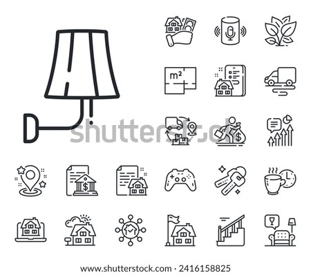 Sconce light sign. Floor plan, stairs and lounge room outline icons. Wall lamp line icon. Interior illuminate symbol. Wall lamp line sign. House mortgage, sell building icon. Real estate. Vector