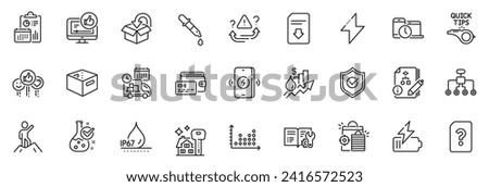 Icons pack as Unknown file, Wireless charging and Return package line icons for app include Rise price, Battery, Chemistry pipette outline thin icon web set. Like, Office box. Vector