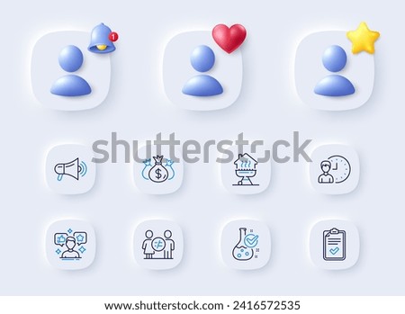 Chemistry lab, Check investment and Discrimination line icons. Placeholder with 3d bell, star, heart. Pack of Megaphone, Social media, Working hours icon. Home grill, Checklist pictogram. Vector