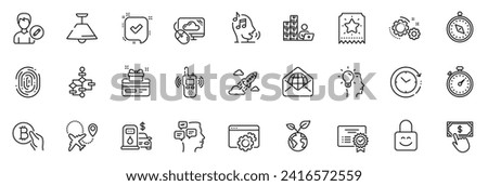 Icons pack as Airplane, Edit person and Web mail line icons for app include Certificate, Time change, Startup rocket outline thin icon web set. Block diagram, Filling station. Vector