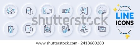 Outsource work, Seo file and Approved line icons for web app. Pack of Copyright laptop, Computer, Survey pictogram icons. Money profit, Photo album, Ask question signs. Smile, Elevator. Vector