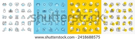 Vector icons set of Sunglasses, Chemistry lab and Lightning bolt line icons pack for web with Squad, Clipboard, Account outline icon. Swipe up, Greenhouse, Meditation eye pictogram. Vector