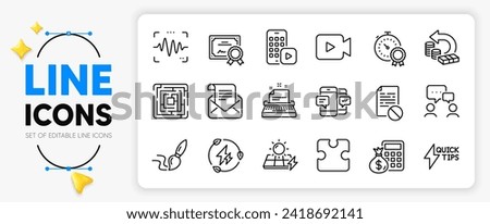 Phone app, Certificate and Mail newsletter line icons set for app include Solar panels, Quickstart guide, Green electricity outline thin icon. Wrong file, Best result. Vector