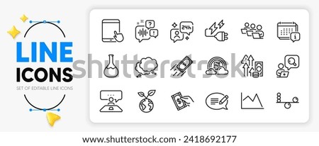 Save planet, Tablet pc and Inspect line icons set for app include Calendar, Pay money, Consulting outline thin icon. Speech bubble, Inflation, Interview job pictogram icon. Fast payment. Vector