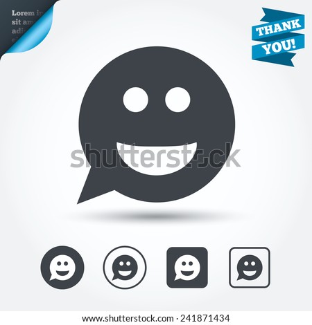 Smile face sign icon. Happy smiley chat symbol. Speech bubble. Circle and square buttons. Flat design set. Thank you ribbon. Vector