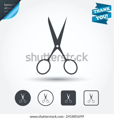 Scissors hairdresser sign icon. Tailor symbol. Circle and square buttons. Flat design set. Thank you ribbon. Vector