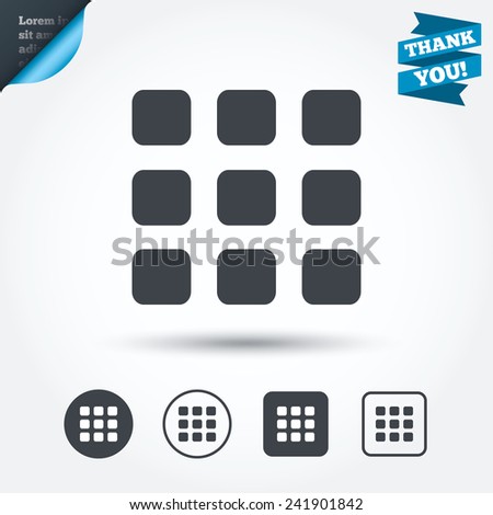 Thumbnails grid sign icon. Gallery view option symbol. Circle and square buttons. Flat design set. Thank you ribbon. Vector