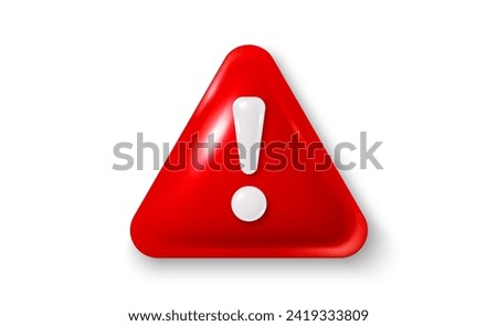 Red danger warning triangle 3d icon. Alert, caution or emergency notification. Danger hazard notification. Caution alert notice, triangle warning reminder and emergency attention. Vector