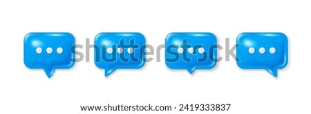 Set of 3d speech bubble icons. Speak bubble text, chatting box, chat dialog icon. 3d speech bubbles with ellipsis. Message box, talk cloud and think chat bubble. Vector illustration