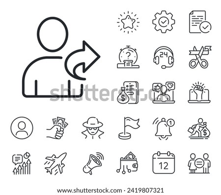 Share sign. Salaryman, gender equality and alert bell outline icons. Refer a friend line icon. Refer friend line sign. Spy or profile placeholder icon. Online support, strike. Vector