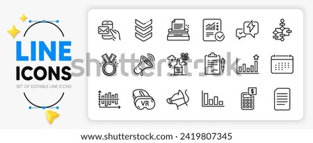 Document, Honor and Clipboard line icons set for app include Dog leash, Efficacy, Messenger mail outline thin icon. Vr, Calendar, Lightning bolt pictogram icon. Diagram chart. Vector