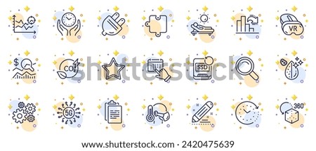 Outline set of Co2 gas, Clipboard and Dirty water line icons for web app. Include Safe time, Search, Decreasing graph pictogram icons. Sick man, Time change, Event click signs. Vector