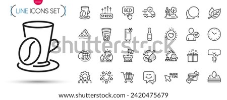 Pack of Packing things, Stress grows and Waterproof mattress line icons. Include Shield, Refresh website, Shopping cart pictogram icons. Quick tips, Smile face, Transport insurance signs. Vector