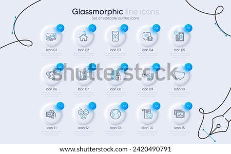 Set of Chat message, Video conference and World planet line icons for web app. Lounge place, Mail letter, Candlestick chart icons. Lock, Stars, Augmented reality signs. Buy button, Home. Vector