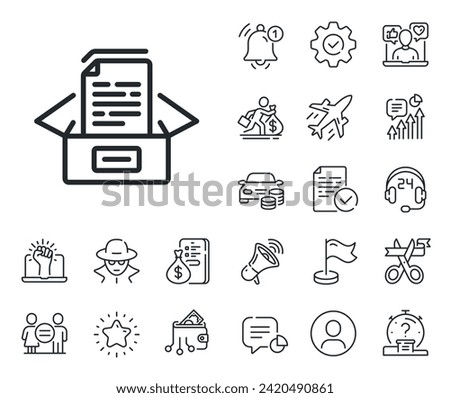 Doc files page sign. Salaryman, gender equality and alert bell outline icons. Documents box line icon. Office note symbol. Documents box line sign. Spy or profile placeholder icon. Vector