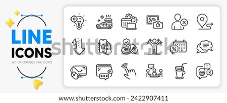 Cursor, Discounts calendar and Delete user line icons set for app include Software, Text message, Photo camera outline thin icon. Dumbbells workout, Energy drops, Favorite app pictogram icon. Vector