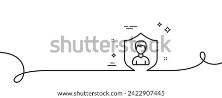User Protection line icon. Continuous one line with curl. Profile Avatar with shield sign. Male Person silhouette symbol. Security Agency single outline ribbon. Loop curve pattern. Vector