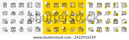 Outline Market sale, Packing things and House security line icons pack for web with Lighthouse, Market location, Floor plan line icon. Lease contract, Buildings, Lounge place pictogram icon. Vector