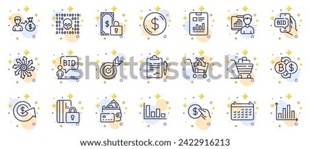 Outline set of Bitcoin exchange, Private payment and Versatile line icons for web app. Include Dollar money, Target, Payment pictogram icons. Calendar, Money, Clipboard signs. Vector