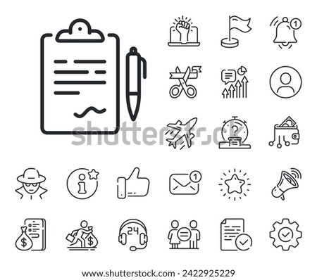 Agreement file sign. Salaryman, gender equality and alert bell outline icons. Clipboard document line icon. Sign contract symbol. Clipboard line sign. Spy or profile placeholder icon. Vector