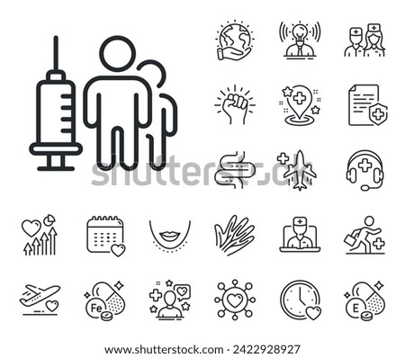 Medicine vaccine sign. Online doctor, patient and medicine outline icons. Medical vaccination line icon. Pharmacy medication symbol. Medical vaccination line sign. Vector