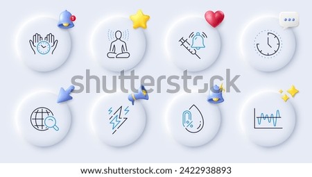 Yoga, Time and No alcohol line icons. Buttons with 3d bell, chat speech, cursor. Pack of Vaccine announcement, Lightning bolt, Internet search icon. Stock analysis, Safe time pictogram. Vector