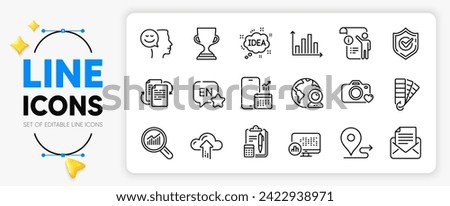 Journey, Photo camera and Accounting line icons set for app include Palette, English, Cloud upload outline thin icon. Manual doc, Bureaucracy, Good mood pictogram icon. Diagram graph. Vector
