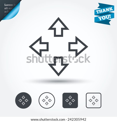 Fullscreen sign icon. Arrows symbol. Icon for App. Circle and square buttons. Flat design set. Thank you ribbon. Vector