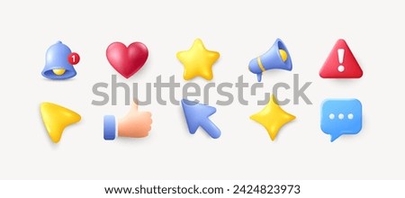 Set of 3d elements. Speaker, heart and star icon. Reminder bell, megaphone and danger alert triangle 3d icons. Mouse cursor, chat speech bubble and thumbs up gesture. Social media 3d elements. Vector