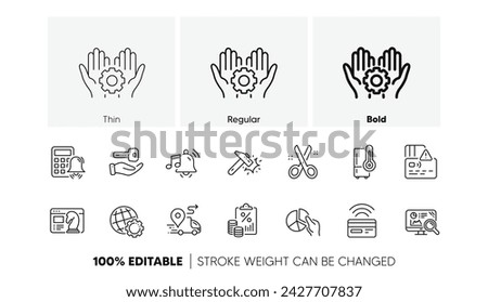 Card, Calculator alarm and Seo analytics line icons. Pack of Refrigerator, Alarm sound, Buying house icon. Pie chart, Delivery, Employee hand pictogram. Seo strategy, Hammer blow, Globe. Vector