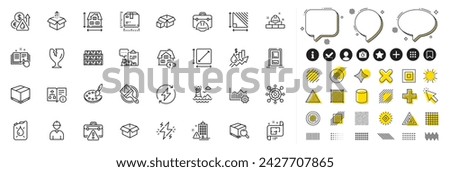Set of Send box, Warning briefcase and Search package line icons for web app. Design elements, Social media icons. Framework, Palette, Opened box icons. Vector