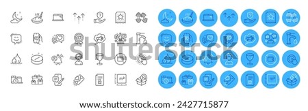 Return package, Glass and User notification line icons pack. Laptop, Loyalty ticket, Megaphone web icon. Click hand, Medical tablet, Heart pictogram. Tap water, Square meter, Porridge. Vector