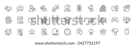 Gamepad, Cyber attack and Popcorn line icons. Pack of Charging cable, Swipe up, Piano icon. Coffee maker, Bribe, Medical prescription pictogram. Fraud, Dating, Smartphone recovery. Line icons. Vector