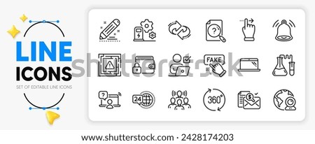Online question, Accounting report and Search document line icons set for app include Maze attention, Bell alert, Refresh outline thin icon. Touchscreen gesture, Online voting. Vector