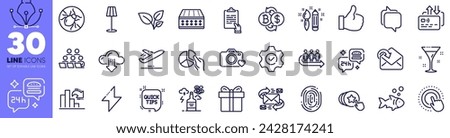 Bed bugs, Clipboard and Photo camera line icons pack. Energy, Leaves, Execute web icon. Floor lamp, E-mail, Plane pictogram. Food delivery, Fish, Receive mail. Queue, Card, Fingerprint. Vector
