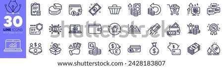 Loyalty points, Credit card and Shop cart line icons pack. Discount, Payment method, Usd currency web icon. Add products, Online statistics, Fraud pictogram. Budget profit, Inspect. Vector