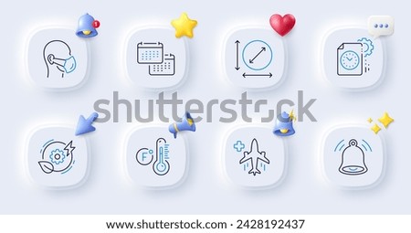 Fahrenheit thermometer, Project deadline and Green energy line icons. Buttons with 3d bell, chat speech, cursor. Pack of Medical mask, Circle area, Calendar icon. Vector