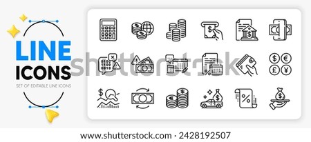 Cash transit, World money and Check investment line icons set for app include Currency, Bank document, Atm service outline thin icon. Coins, Binary code, Fraud pictogram icon. Wallet. Vector