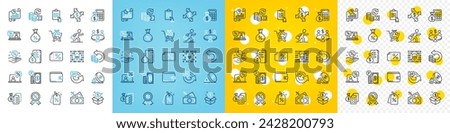 Vector icons set of Clipboard, Loan percent and Accounting wealth line icons pack for web with Payment exchange, Report document, Online tax outline icon. Discount medal, Money wallet. Vector