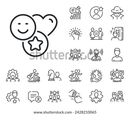 Heart, star sign. Specialist, doctor and job competition outline icons. Social media likes line icon. Positive smile feedback symbol. Smile line sign. Avatar placeholder, spy headshot icon. Vector