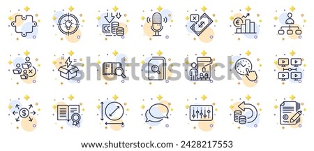 Outline set of Microphone, Creative idea and Remove team line icons for web app. Include Cash back, Deflation, Dj controller pictogram icons. Time management, Idea, Dollar exchange signs. Vector