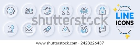 Fast payment, Interview and Recruitment line icons for web app. Pack of Incoming mail, Internet, Map pictogram icons. Lightning bolt, Video conference, Reminder signs. Bitcoin graph. Vector