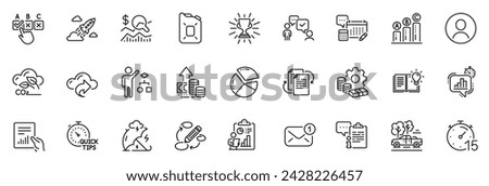 Icons pack as Product knowledge, Account and Trophy line icons for app include Timer, Canister oil, Money outline thin icon web set. Check investment, Startup rocket, Quick tips pictogram. Vector