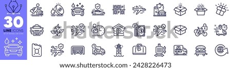 Parking, Opened box and Parking place line icons pack. Hand baggage, Get box, Delivery man web icon. Delivery, Eco power, Taxi pictogram. Charging station, Cancel flight, World globe. Vector