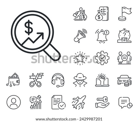 Analytics with charts symbol. Salaryman, gender equality and alert bell outline icons. Business Audit or Statistics line icon. Search Magnifier sign. Currency audit line sign. Vector