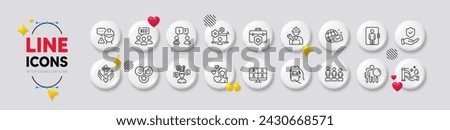 Love, Quiz test and Elevator line icons. White buttons 3d icons. Pack of Equality, Auction, Medical insurance icon. Mail app, Search people, Insurance hand pictogram. Vector