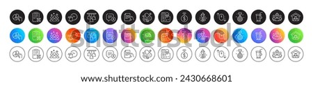 Ceiling lamp, Squad and Cyber attack line icons. Round icon gradient buttons. Pack of Pie chart, Engineering team, Chat bubble icon. Contactless payment, Scroll down, Storage pictogram. Vector