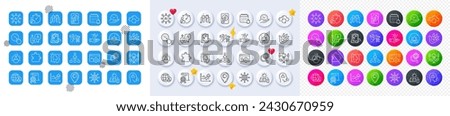 Seo analysis, Wind energy and Social responsibility line icons. Square, Gradient, Pin 3d buttons. AI, QA and map pin icons. Pack of Qr code, Lotus, Cloud sync icon. Vector