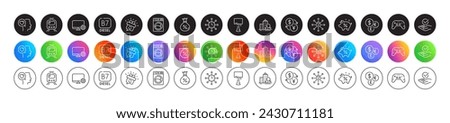 Diesel, Romantic talk and Approved line icons. Round icon gradient buttons. Pack of Currency exchange, Table lamp, Loan icon. Gamepad, World time, Security lock pictogram. Vector