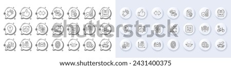 Passport document, Security statistics and Filter line icons. White pin 3d buttons, chat bubbles icons. Pack of Vip security, Hand, Sale offer icon. Like, Marketing, Cardio training pictogram. Vector